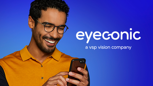 Man with glasses on looking at phone, Eyeconic logo